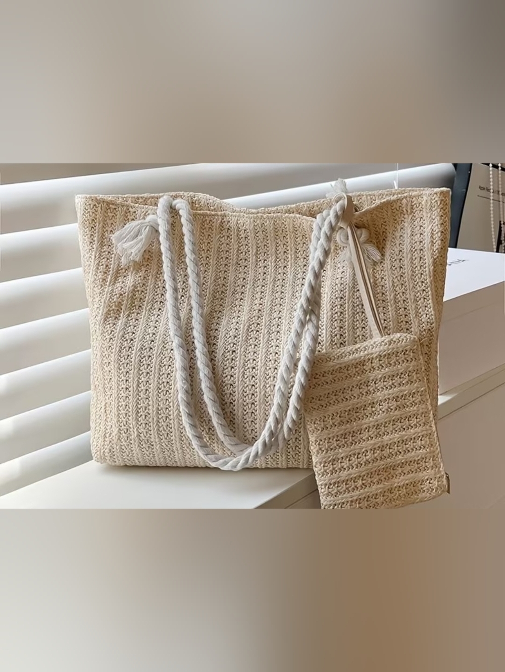 Neutral Woven Tote Bag with Matching Pouch - Cream - Picture 4 of 4